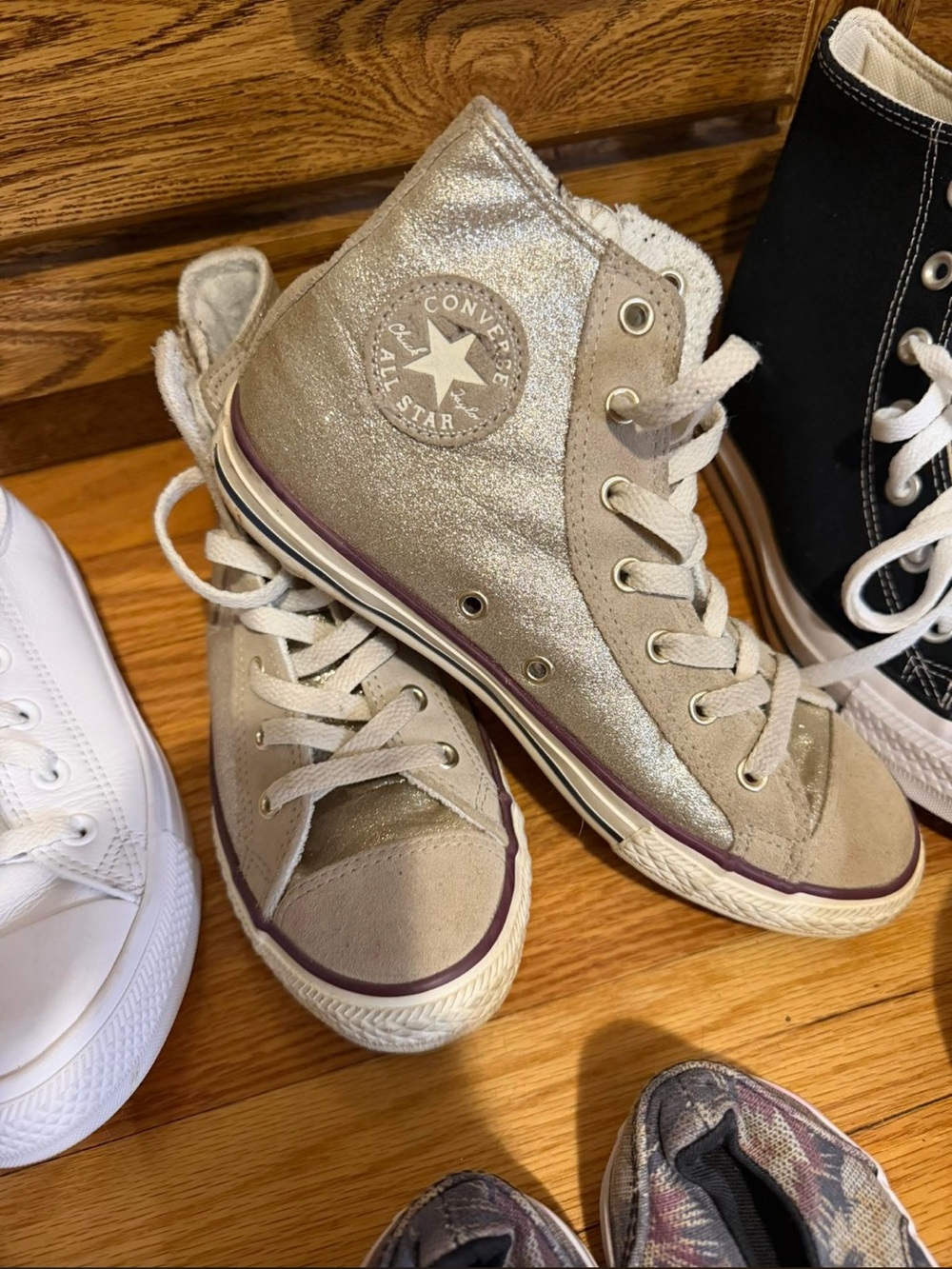 Converse Metallic Champagne High-Top Sneakers with Purple Trim